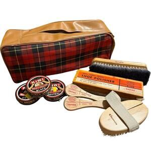 Vintage Shoe Shining Bundle- Case, 3 Kiwi Polishes, 4 Brushes, 1 Lamb’s Wool